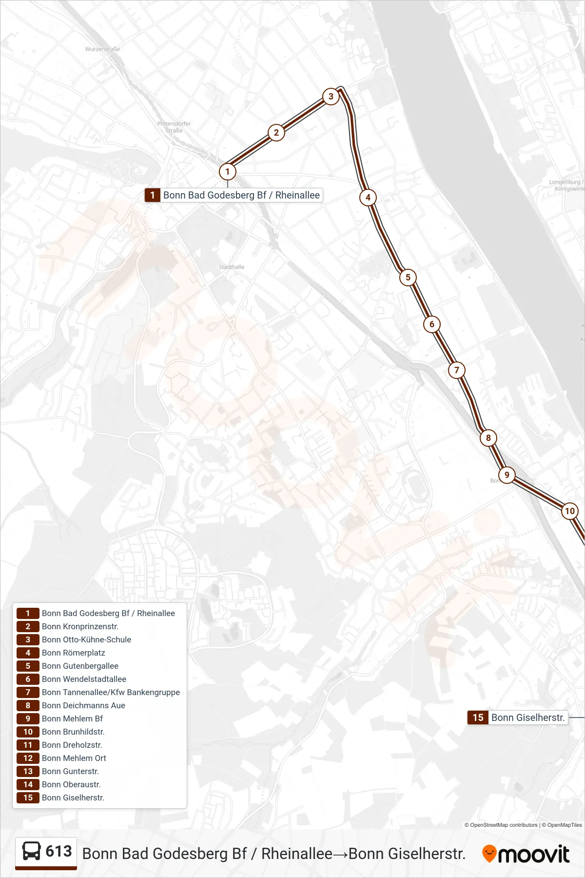 613 bus Line (Bonn Bad Godesberg Bf / Rheinallee→Bonn Giselherstr.) route and stops on a map