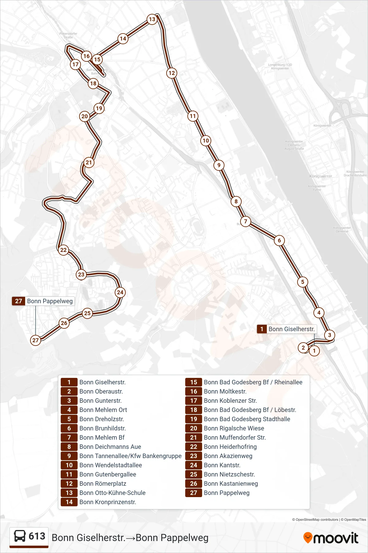 Linie 613 (Bus) Richtung Bonn Giselherstr.→Bonn Pappelweg: Route und Haltestellen auf der Karte