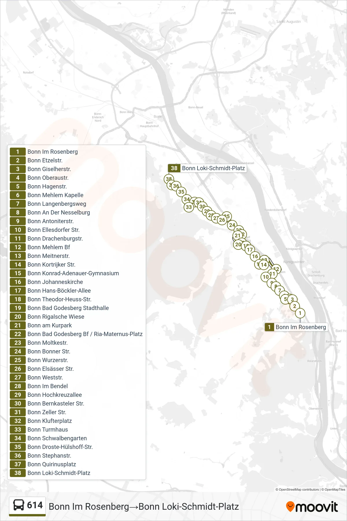 Linie 614 (Bus) Richtung Bonn Im Rosenberg→Bonn Loki-Schmidt-Platz: Route und Haltestellen auf der Karte
