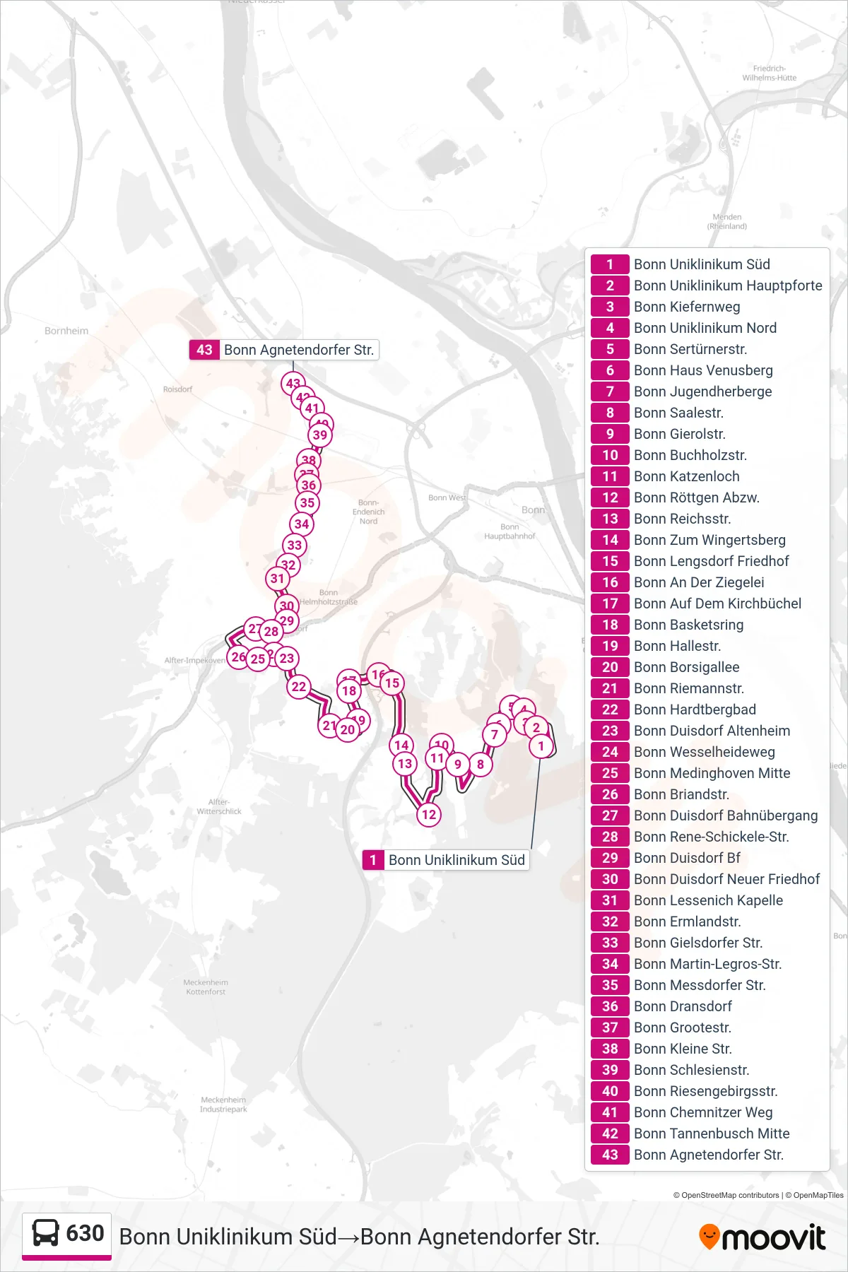 Linie 630 (Bus) Richtung Bonn Uniklinikum Süd→Bonn Agnetendorfer Str.: Route und Haltestellen auf der Karte