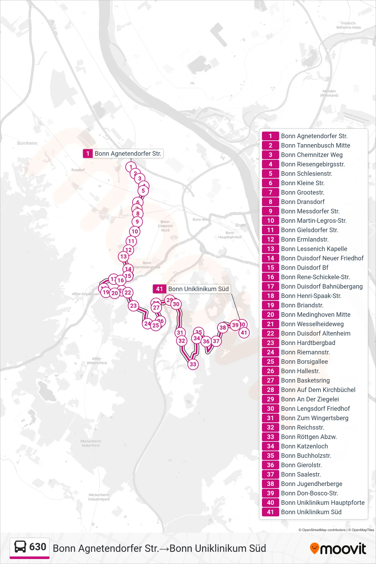 Linie 630 (Bus) Richtung Bonn Agnetendorfer Str.→Bonn Uniklinikum Süd: Route und Haltestellen auf der Karte