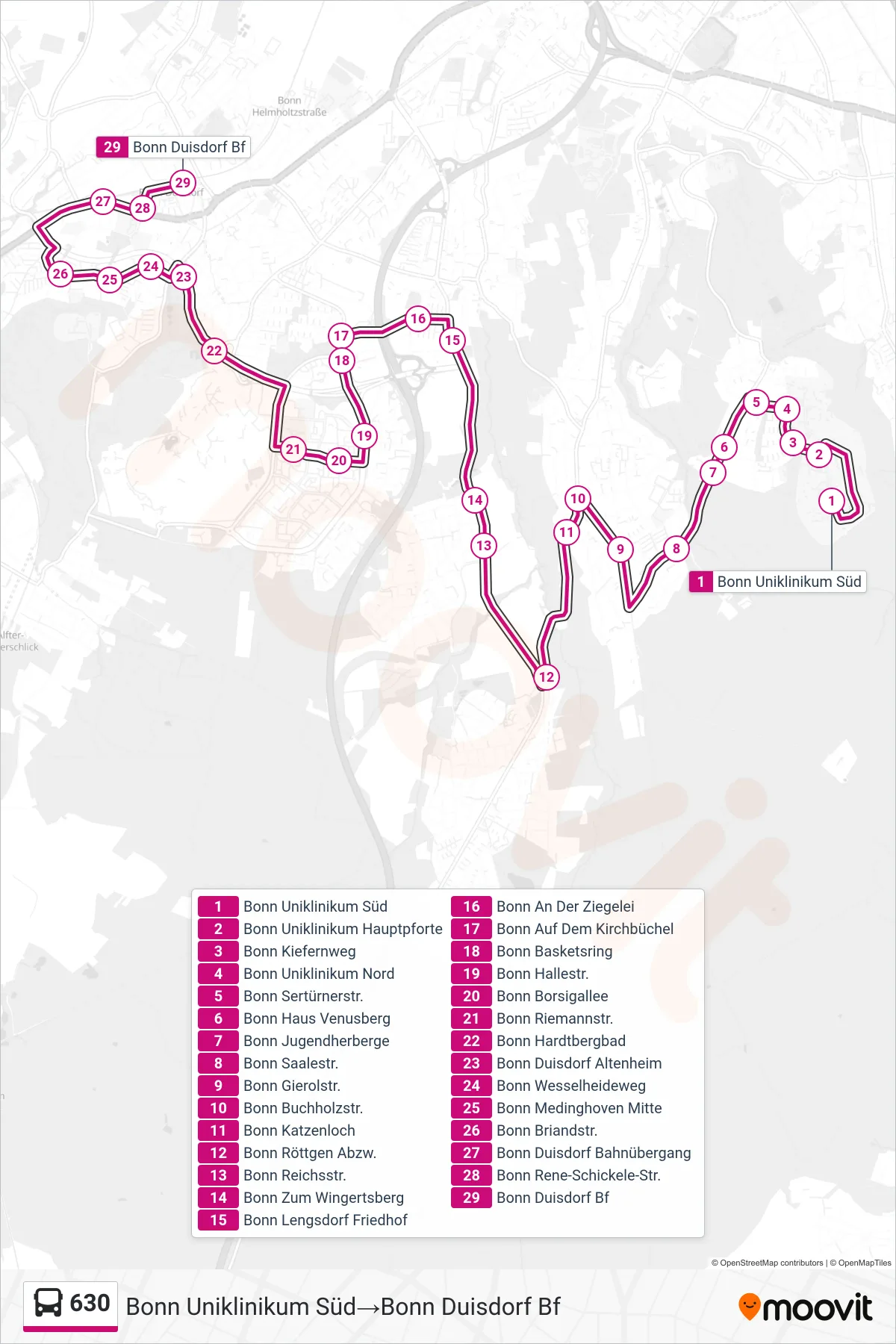Linie 630 (Bus) Richtung Bonn Uniklinikum Süd→Bonn Duisdorf Bf: Route und Haltestellen auf der Karte