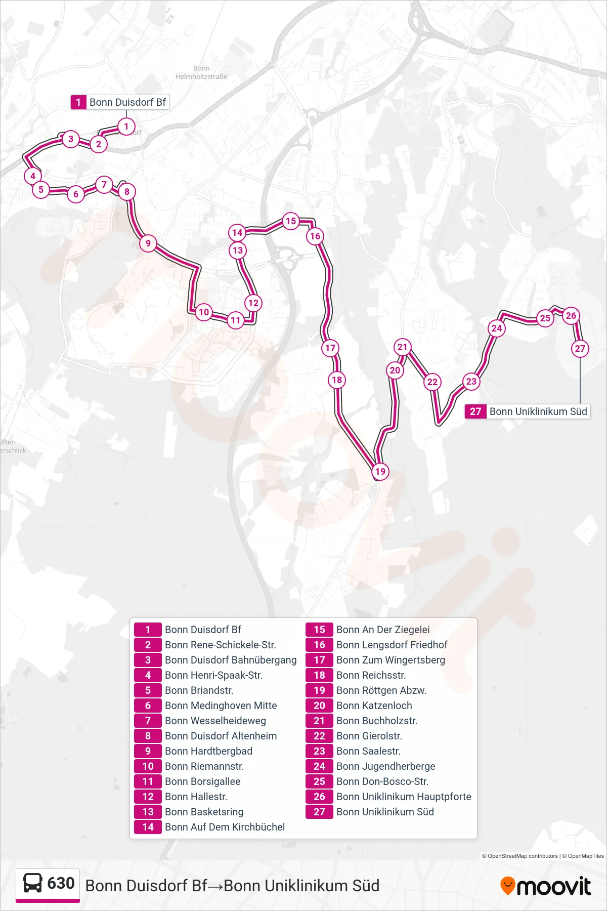 Linie 630 (Bus) Richtung Bonn Duisdorf Bf→Bonn Uniklinikum Süd: Route und Haltestellen auf der Karte
