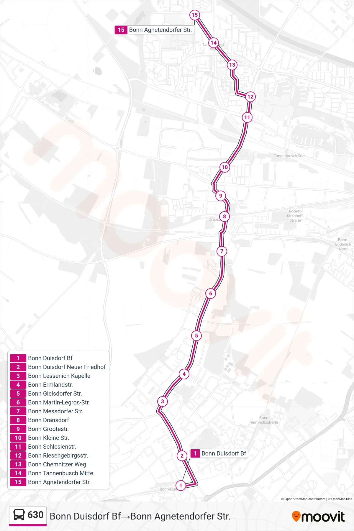 Linie 630 (Bus) Richtung Bonn Duisdorf Bf→Bonn Agnetendorfer Str.: Route und Haltestellen auf der Karte