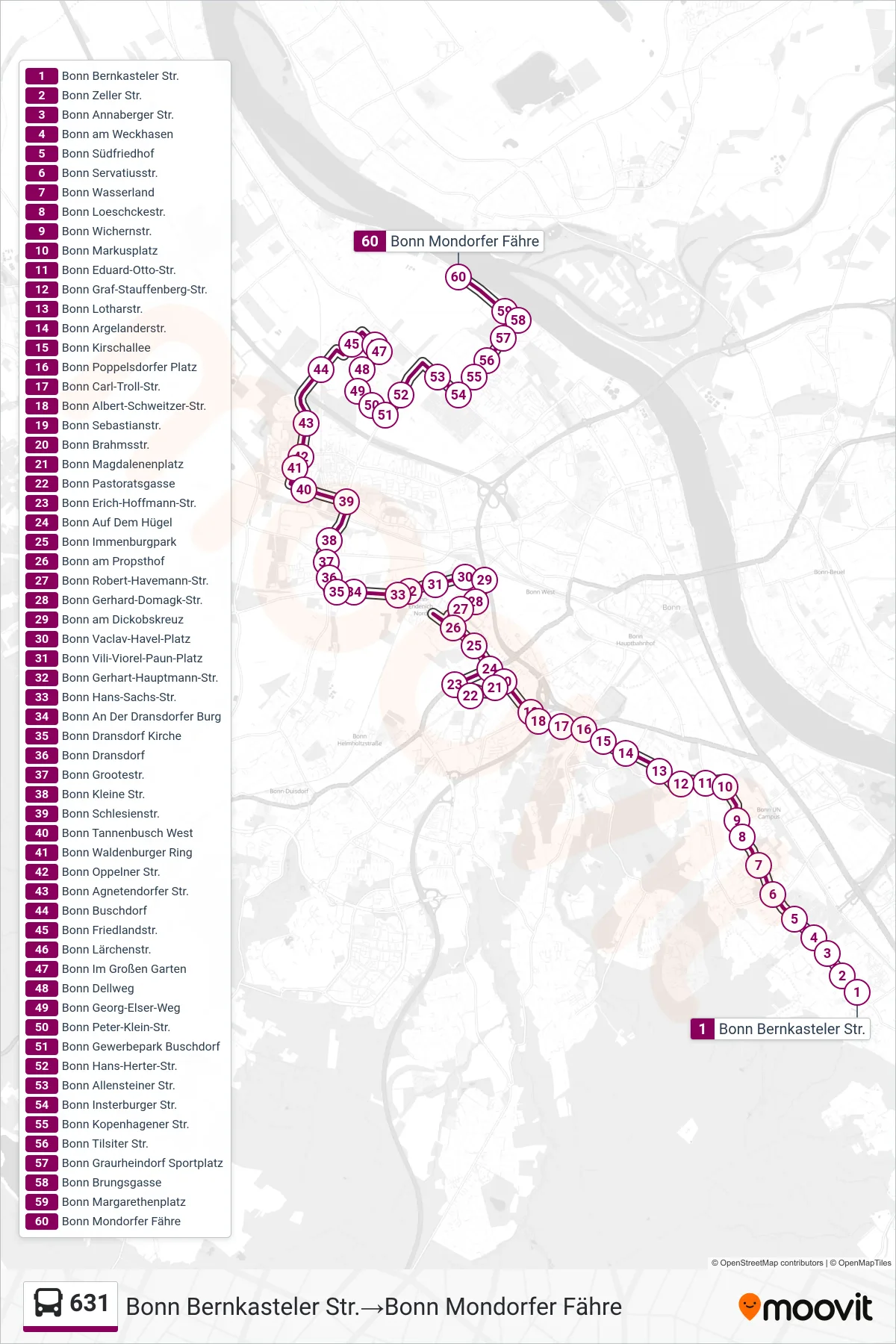 Linie 631 (Bus) Richtung Bonn Bernkasteler Str.‎→Bonn Mondorfer Fähre: Route und Haltestellen auf der Karte