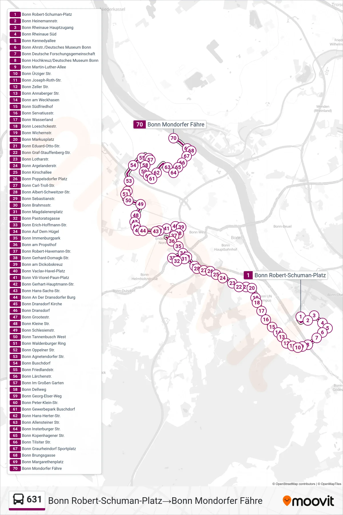 Linie 631 (Bus) Richtung Bonn Robert-Schuman-Platz→Bonn Mondorfer Fähre: Route und Haltestellen auf der Karte