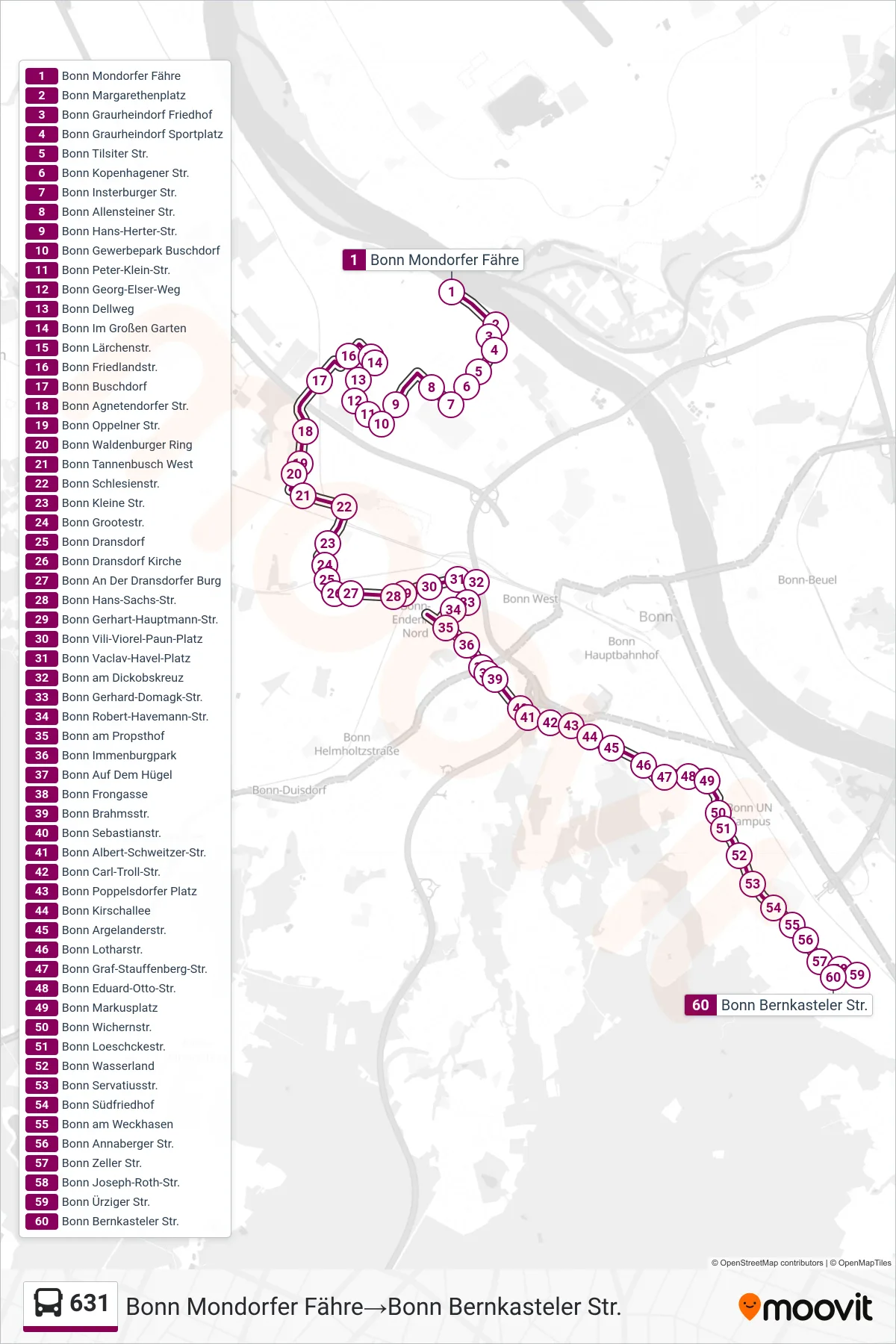 Linie 631 (Bus) Richtung Bonn Mondorfer Fähre→Bonn Bernkasteler Str.: Route und Haltestellen auf der Karte