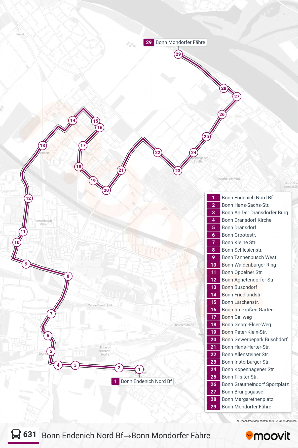 Linie 631 (Bus) Richtung Bonn Endenich Nord Bf‎→Bonn Mondorfer Fähre: Route und Haltestellen auf der Karte