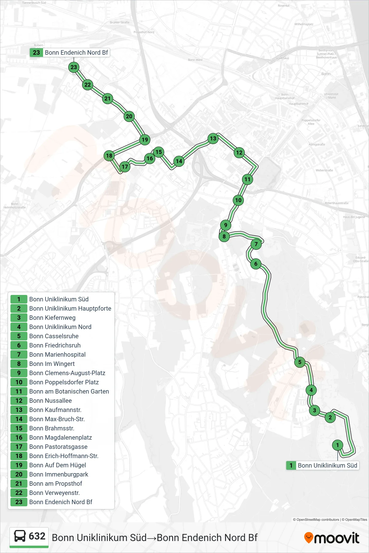 Linie 632 (Bus) Richtung Bonn Uniklinikum Süd→Bonn Endenich Nord Bf: Route und Haltestellen auf der Karte