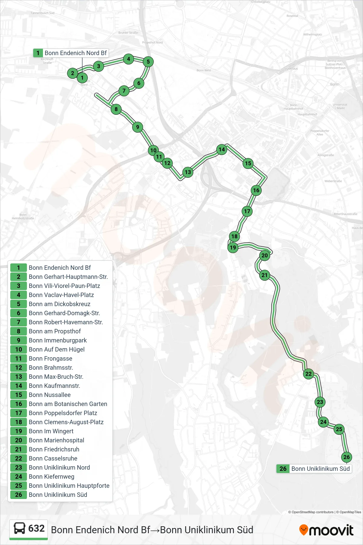 Linie 632 (Bus) Richtung Bonn Endenich Nord Bf‎→Bonn Uniklinikum Süd: Route und Haltestellen auf der Karte