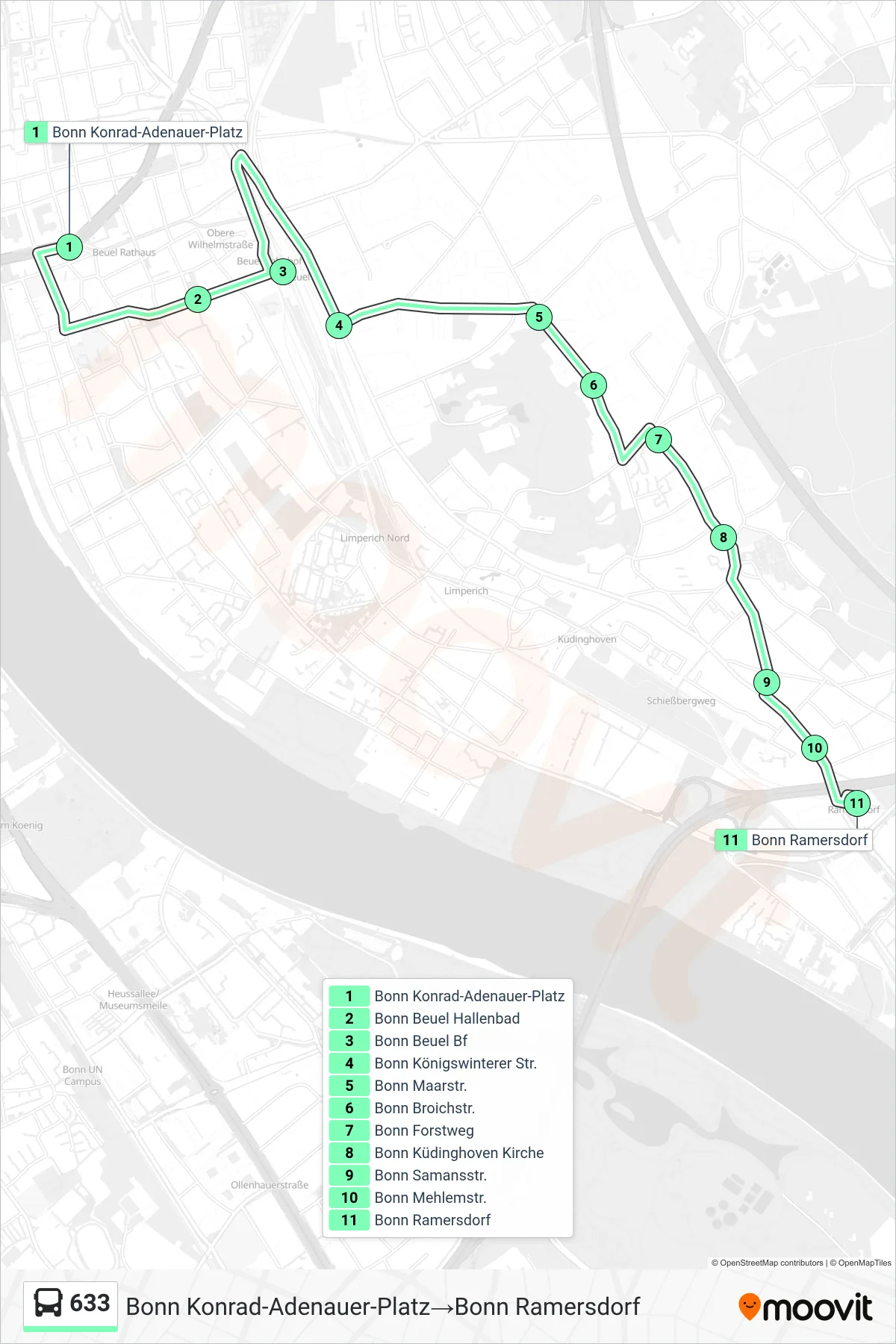 Linie 633 (Bus) Richtung Bonn Konrad-Adenauer-Platz→Bonn Ramersdorf: Route und Haltestellen auf der Karte