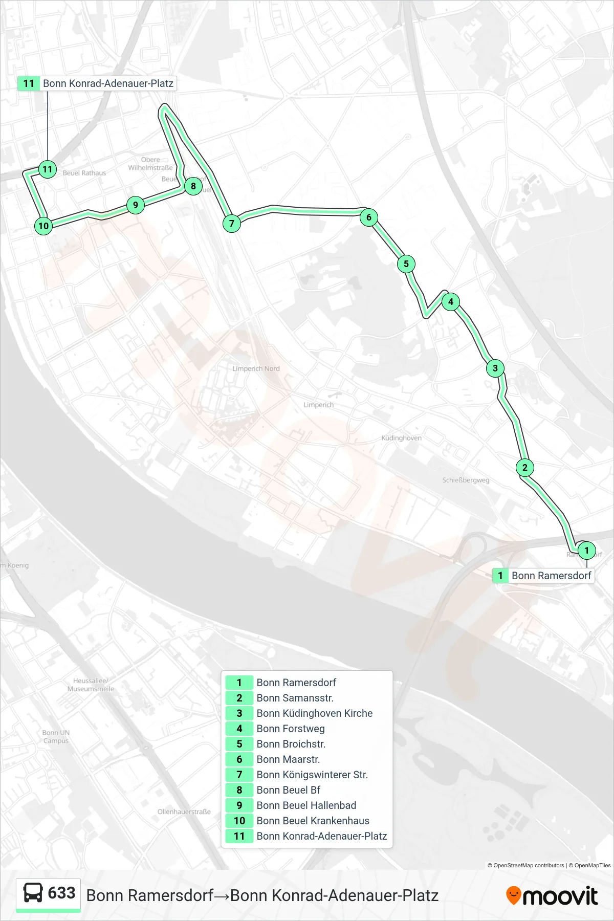 Linie 633 (Bus) Richtung Bonn Ramersdorf→Bonn Konrad-Adenauer-Platz: Route und Haltestellen auf der Karte