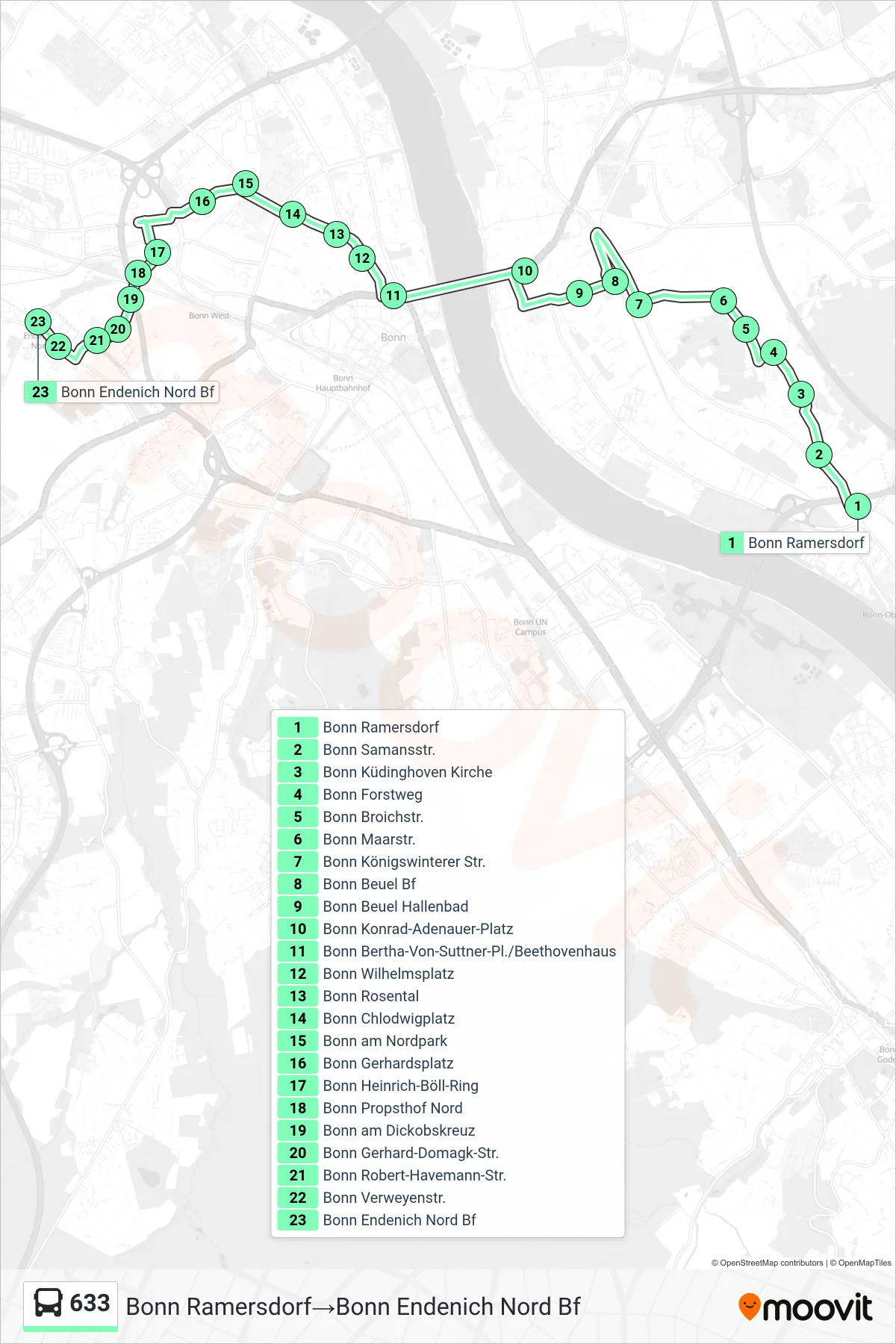Linie 633 (Bus) Richtung Bonn Ramersdorf‎→Bonn Endenich Nord Bf: Route und Haltestellen auf der Karte
