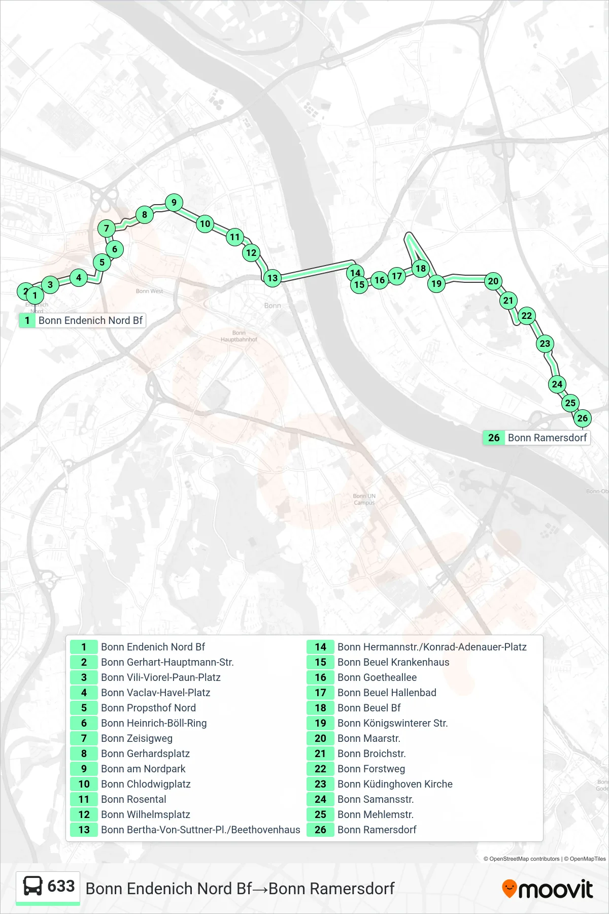 Linie 633 (Bus) Richtung Bonn Endenich Nord Bf→Bonn Ramersdorf: Route und Haltestellen auf der Karte