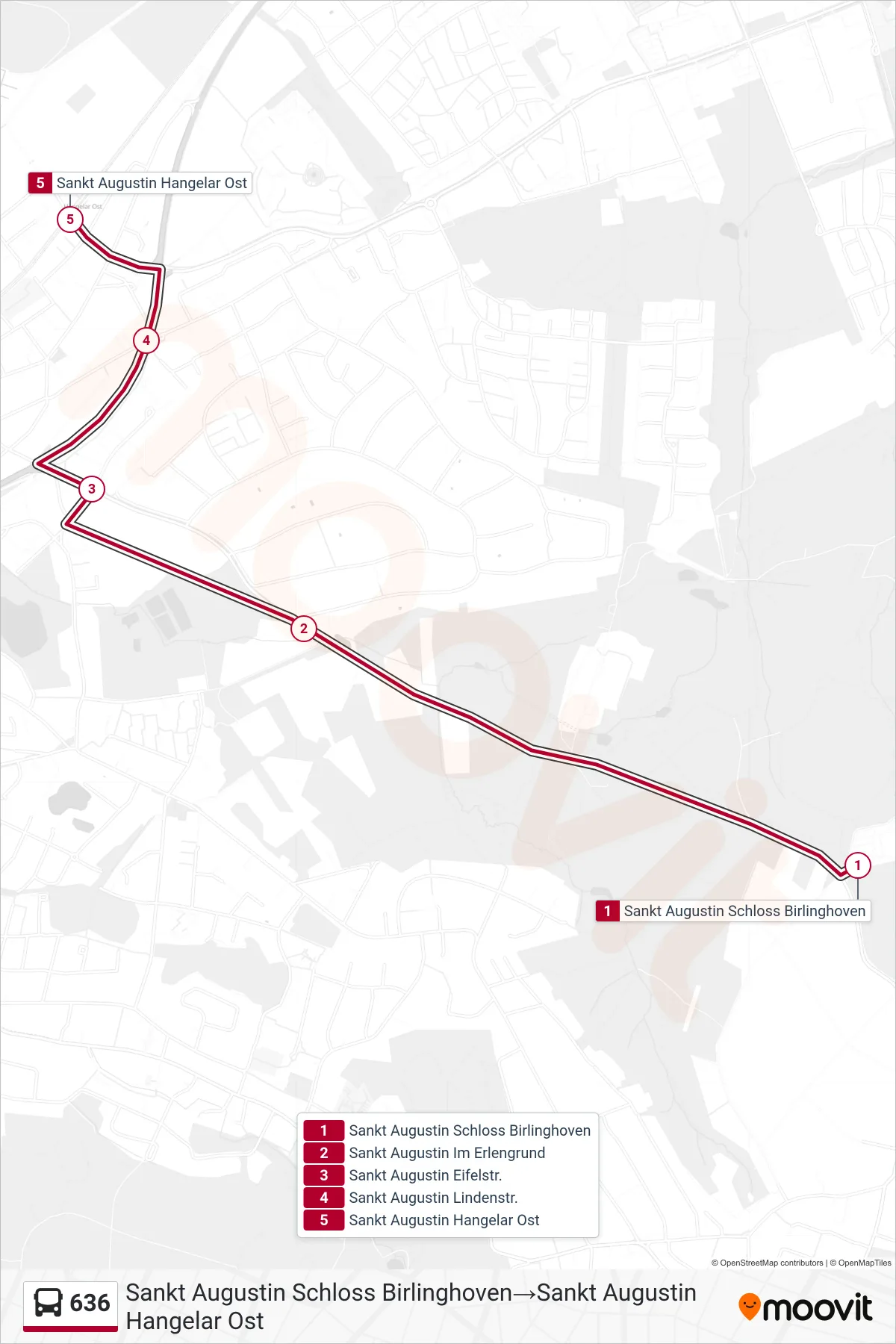 636 bus Line (Sankt Augustin Schloss Birlinghoven→Sankt Augustin Hangelar Ost) route and stops on a map