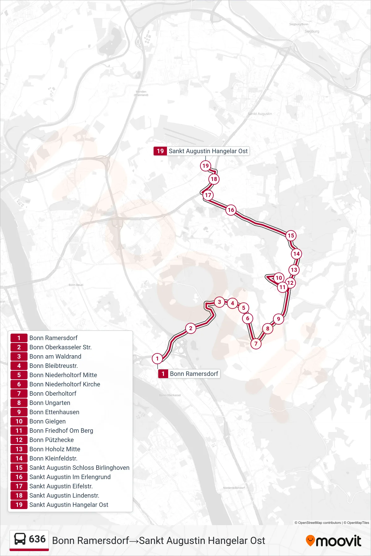 Linie 636 (Bus) Richtung Bonn Ramersdorf‎→Sankt Augustin Hangelar Ost: Route und Haltestellen auf der Karte