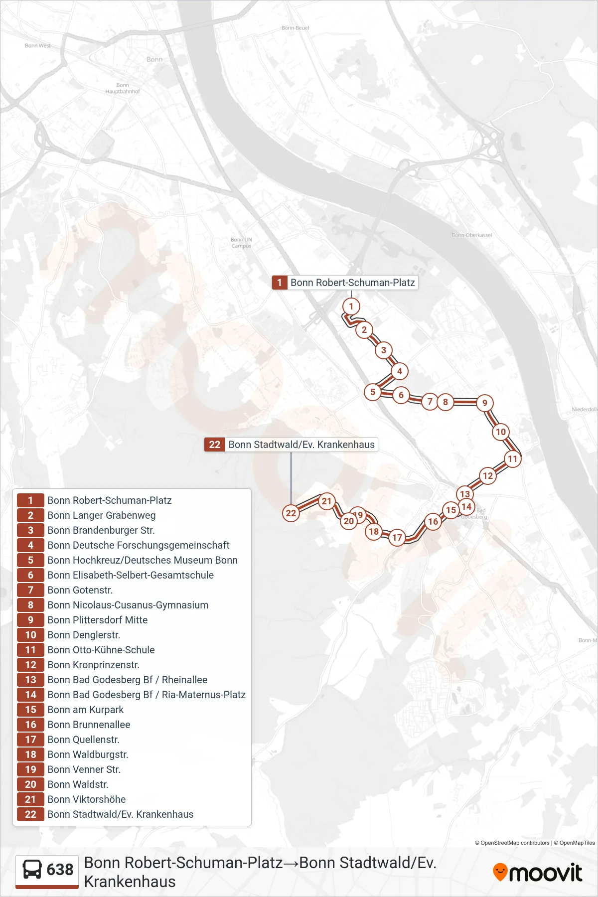 638 bus Line (Bonn Robert-Schuman-Platz→Bonn Stadtwald/Ev. Krankenhaus) route and stops on a map