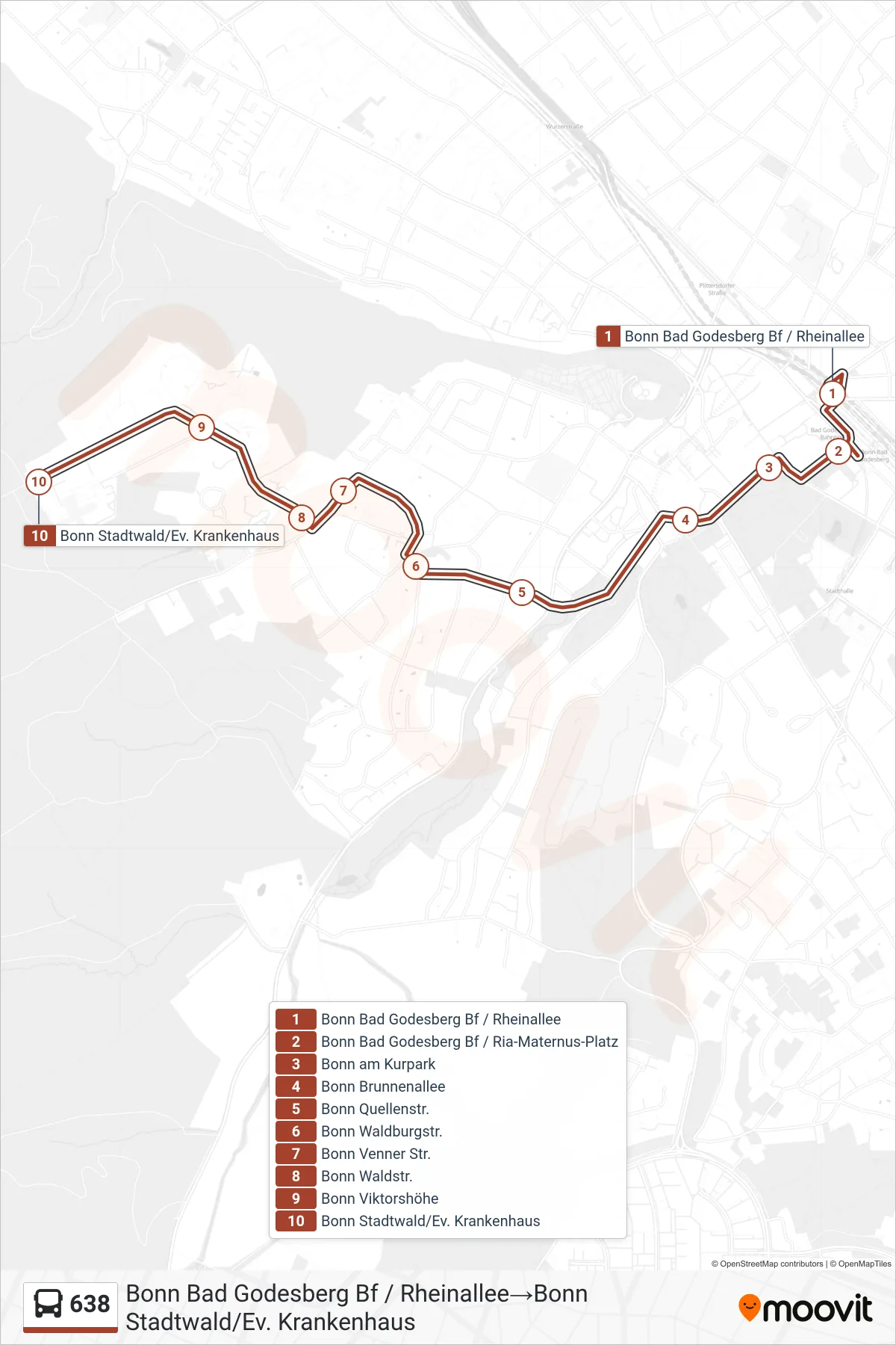 Linie 638 (Bus) Richtung Bonn Bad Godesberg Bf / Rheinallee‎→Bonn Stadtwald/Ev. Krankenhaus: Route und Haltestellen auf der Karte