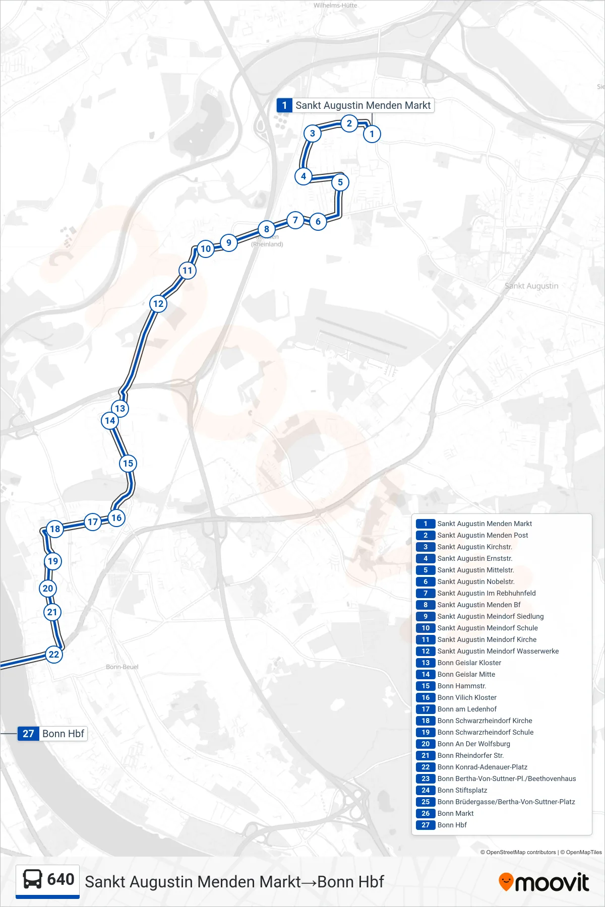 Linie 640 (Bus) Richtung Sankt Augustin Menden Markt→Bonn Hbf: Route und Haltestellen auf der Karte