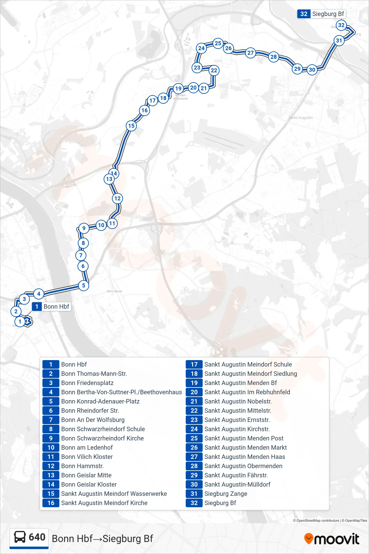 640 bus Line (Bonn Hbf‎→Siegburg Bf) route and stops on a map