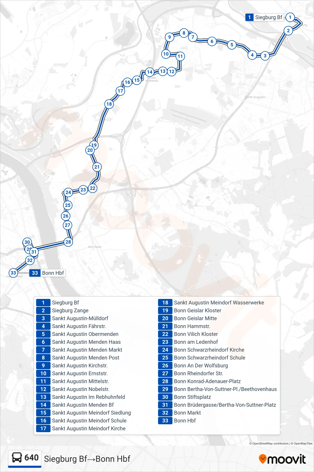 Linie 640 (Bus) Richtung Siegburg Bf→Bonn Hbf: Route und Haltestellen auf der Karte