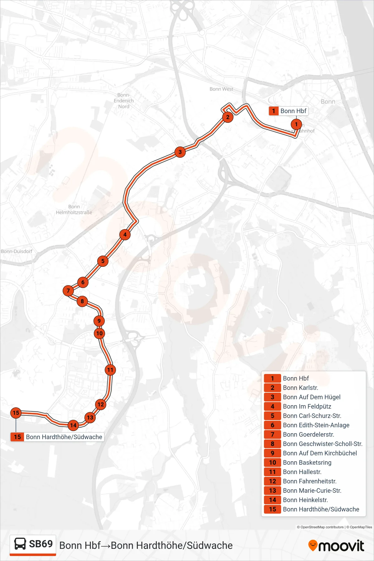 Linie SB69 (Bus) Richtung Bonn Hbf→Bonn Hardthöhe/Südwache: Route und Haltestellen auf der Karte
