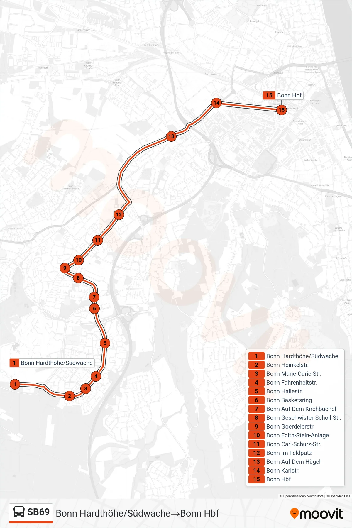 Linie SB69 (Bus) Richtung Bonn Hardthöhe/Südwache‎→Bonn Hbf: Route und Haltestellen auf der Karte