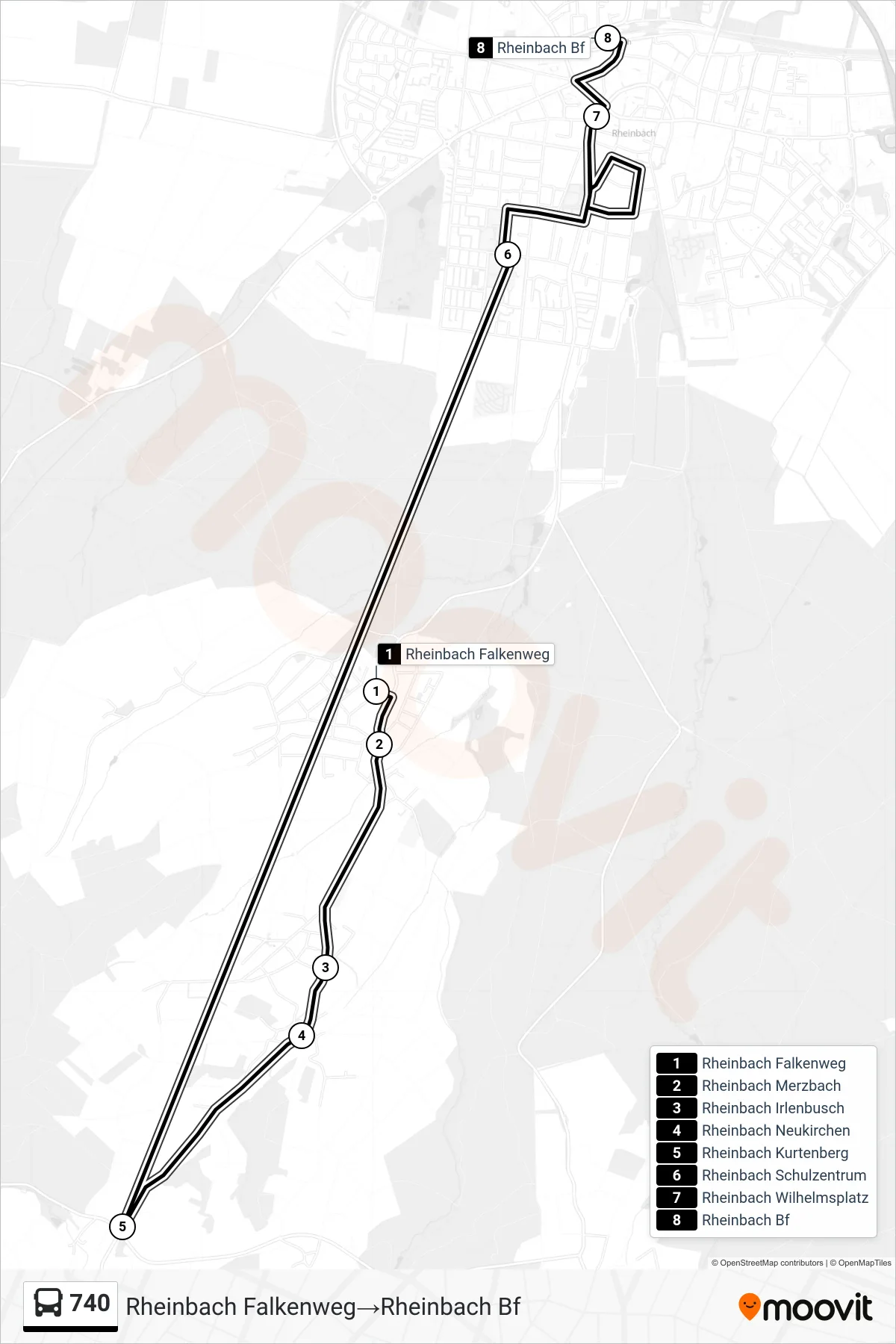 Linie 740 (Bus) Richtung Rheinbach Falkenweg‎→Rheinbach Bf: Route und Haltestellen auf der Karte