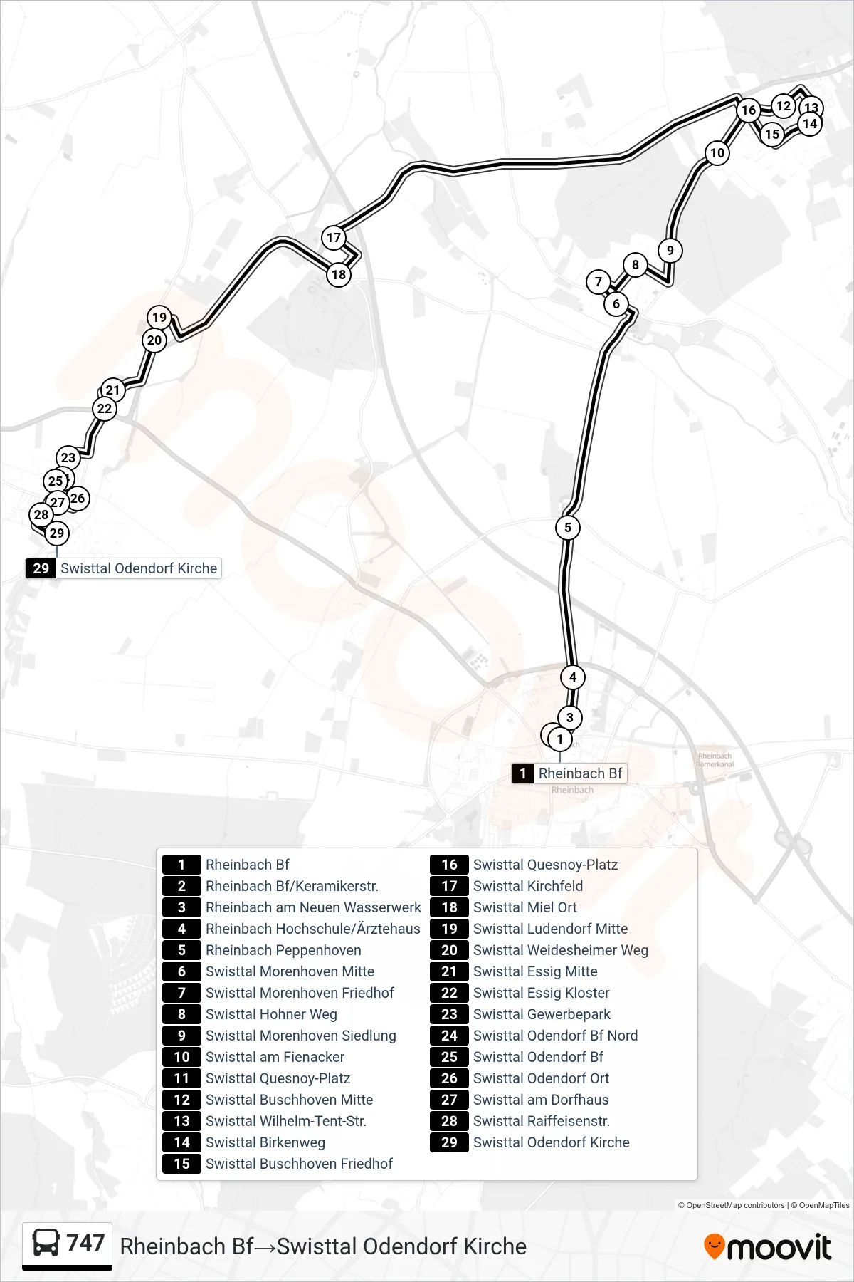Linie 747 (Bus) Richtung Rheinbach Bf‎→Swisttal Odendorf Kirche: Route und Haltestellen auf der Karte