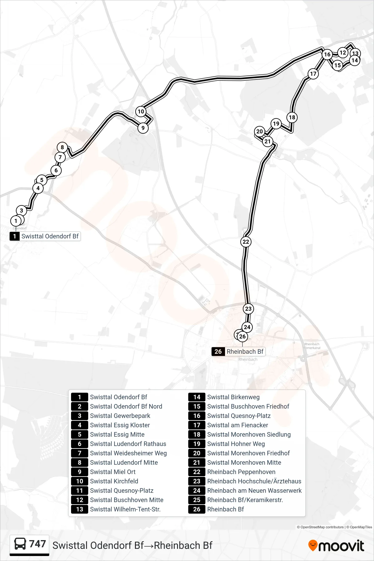 Linie 747 (Bus) Richtung Swisttal Odendorf Bf‎→Rheinbach Bf: Route und Haltestellen auf der Karte
