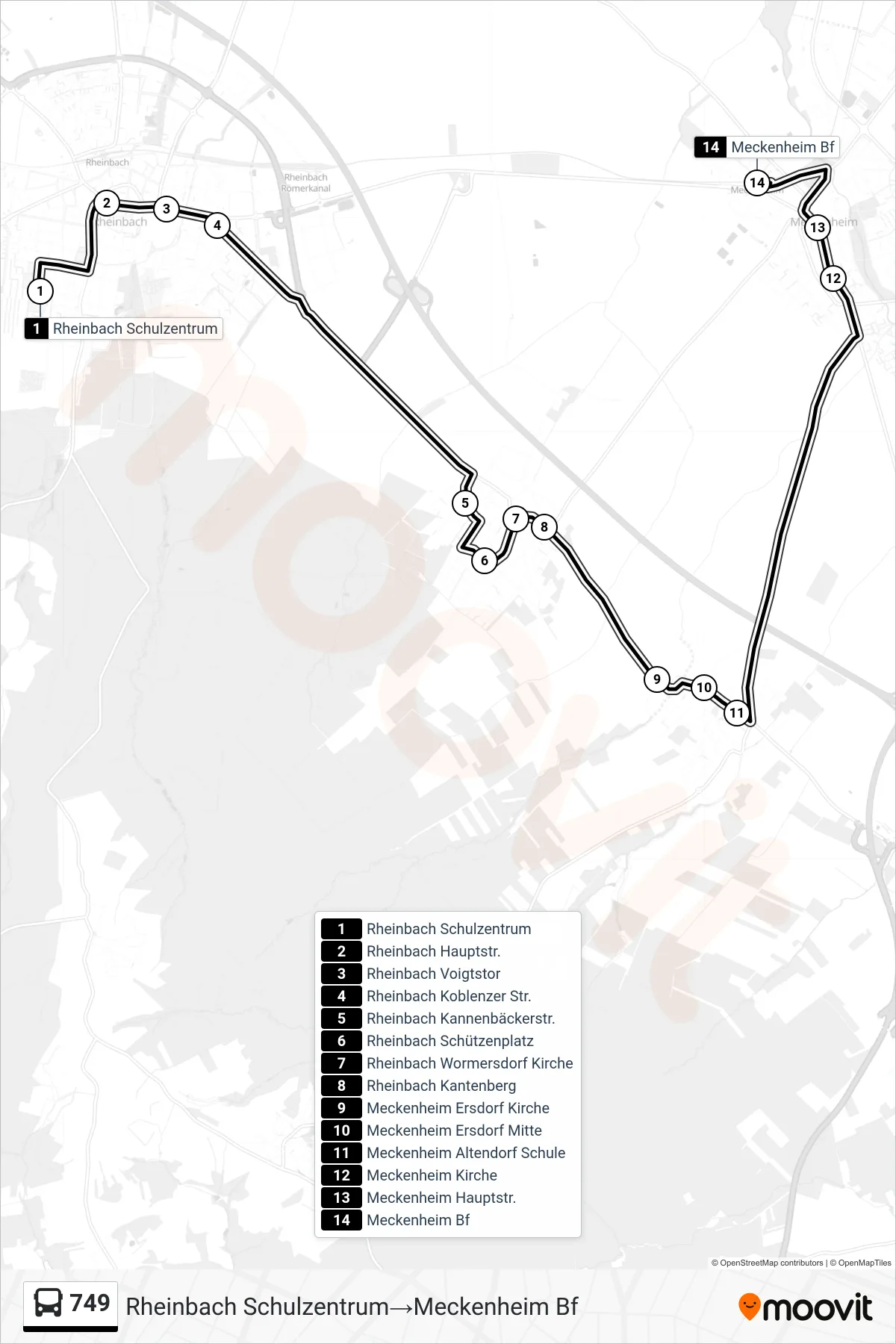 749 bus Line (Rheinbach Schulzentrum‎→Meckenheim Bf) route and stops on a map