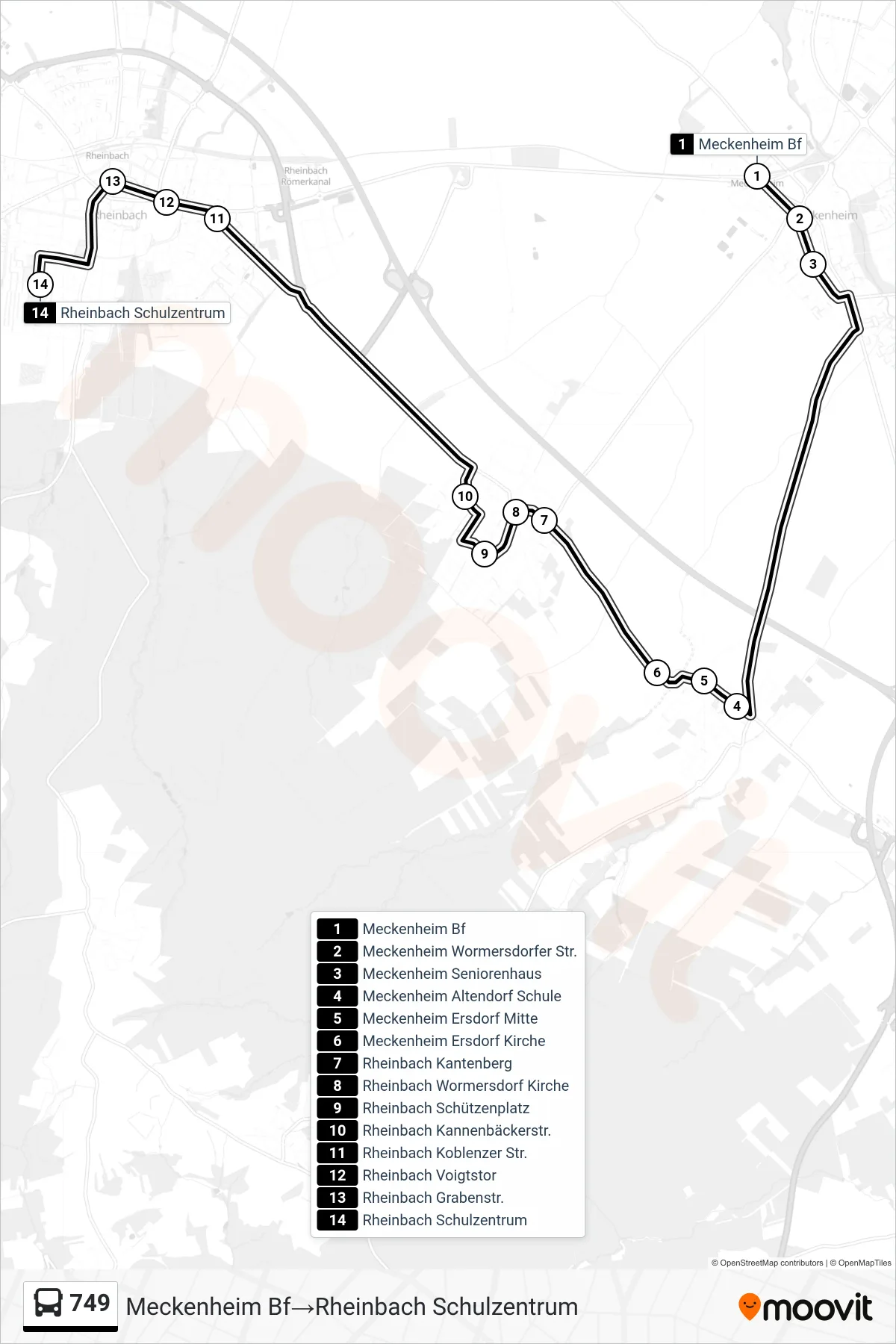 749 bus Line (Meckenheim Bf‎→Rheinbach Schulzentrum) route and stops on a map