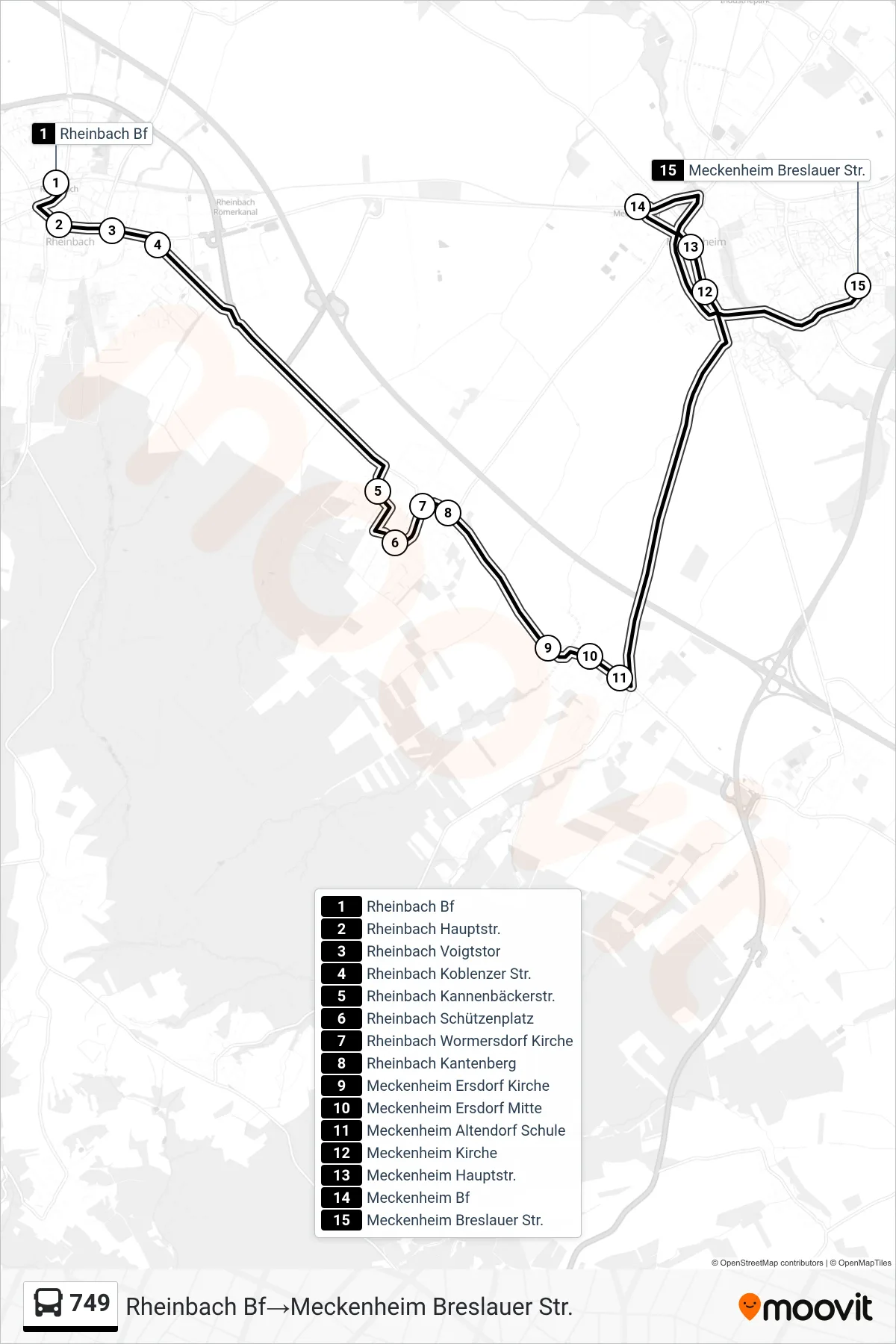 Linie 749 (Bus) Richtung Rheinbach Bf→Meckenheim Breslauer Str.: Route und Haltestellen auf der Karte
