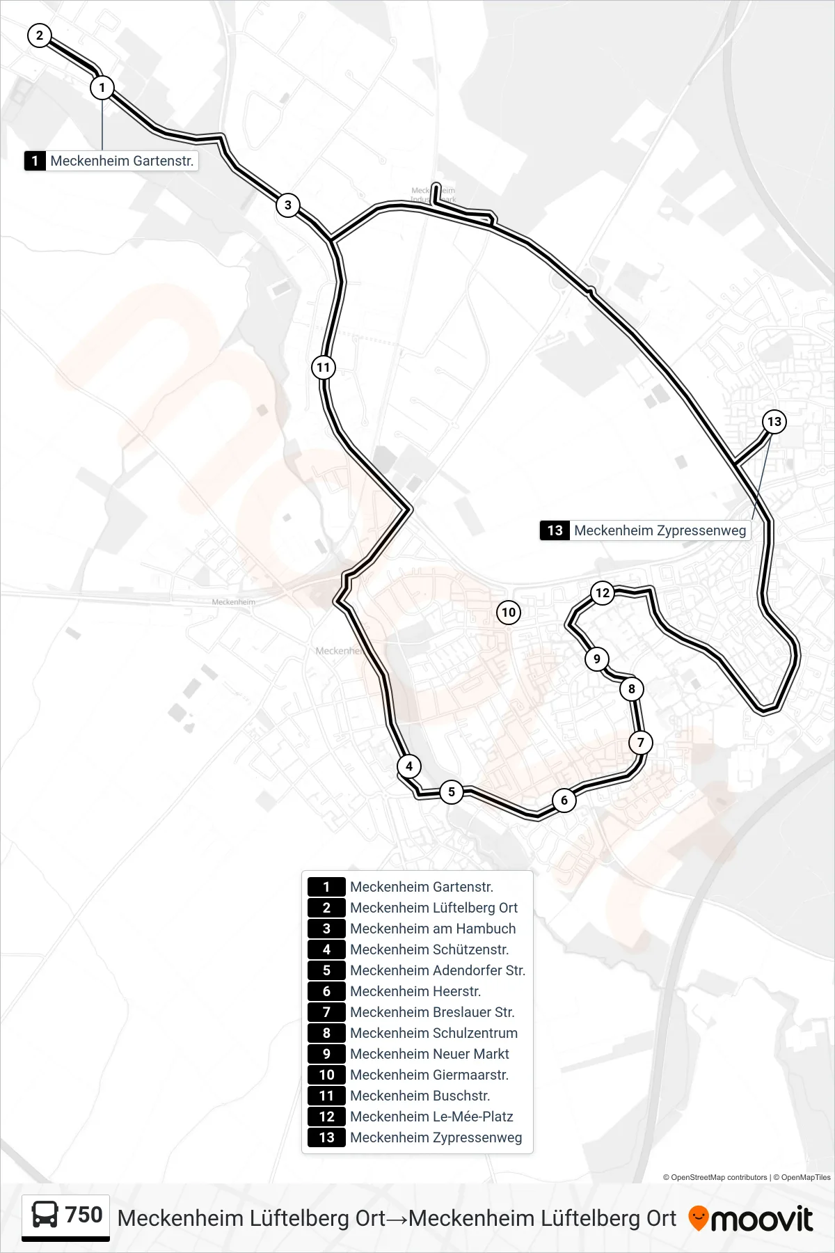 Linie 750 (Bus) Richtung Meckenheim Lüftelberg Ort‎→Meckenheim Lüftelberg Ort: Route und Haltestellen auf der Karte