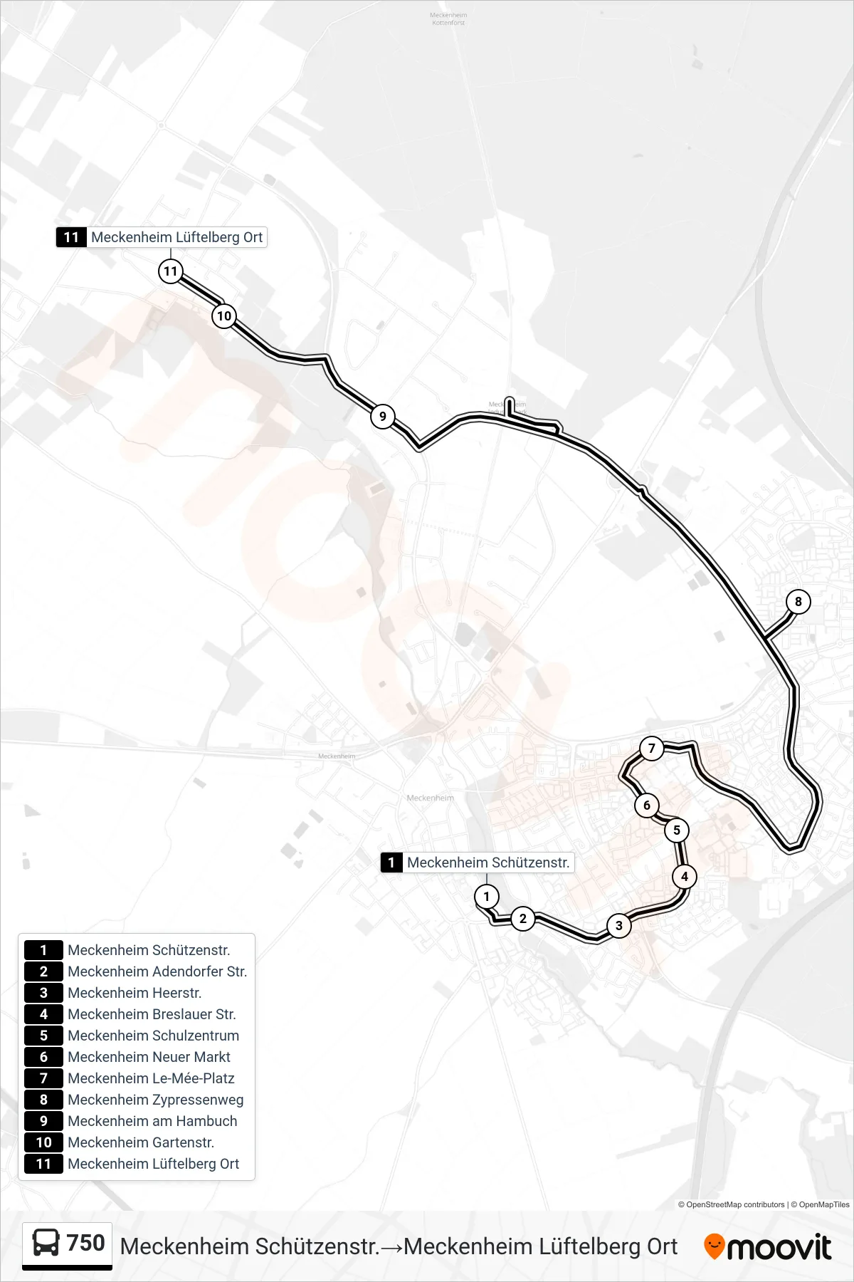 750 bus Line (Meckenheim Schützenstr.‎→Meckenheim Lüftelberg Ort) route and stops on a map