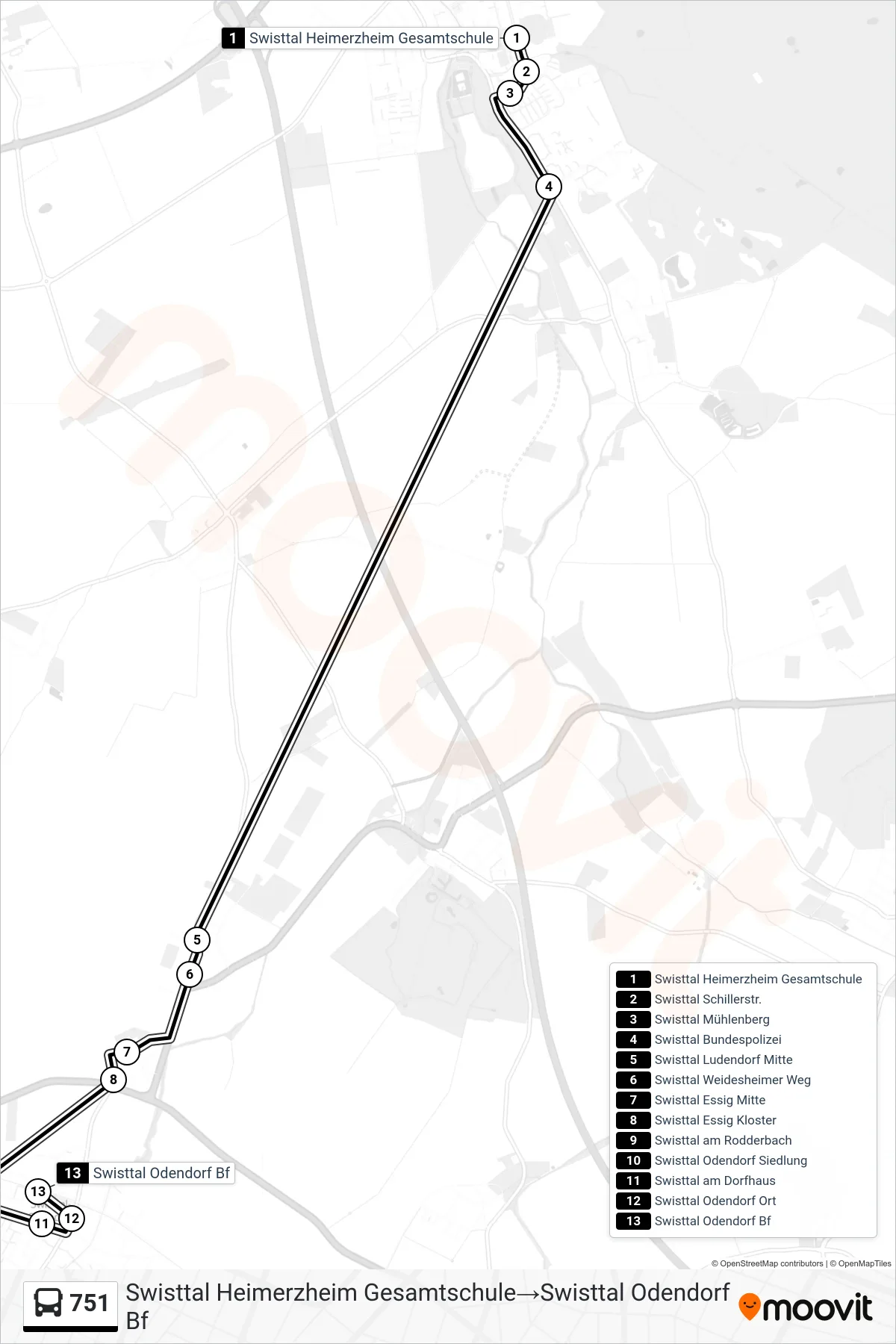 Linie 751 (Bus) Richtung Swisttal Heimerzheim Gesamtschule→Swisttal Odendorf Bf: Route und Haltestellen auf der Karte