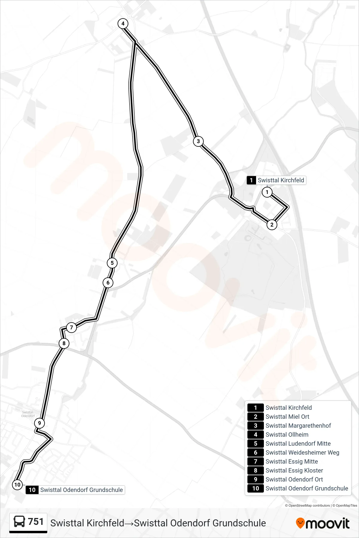Linie 751 (Bus) Richtung Swisttal Kirchfeld→Swisttal Odendorf Grundschule: Route und Haltestellen auf der Karte