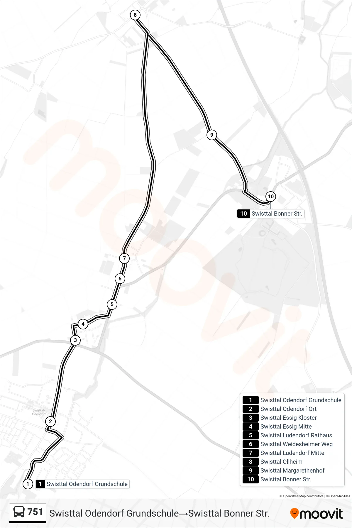 Linie 751 (Bus) Richtung Swisttal Odendorf Grundschule→Swisttal Bonner Str.: Route und Haltestellen auf der Karte