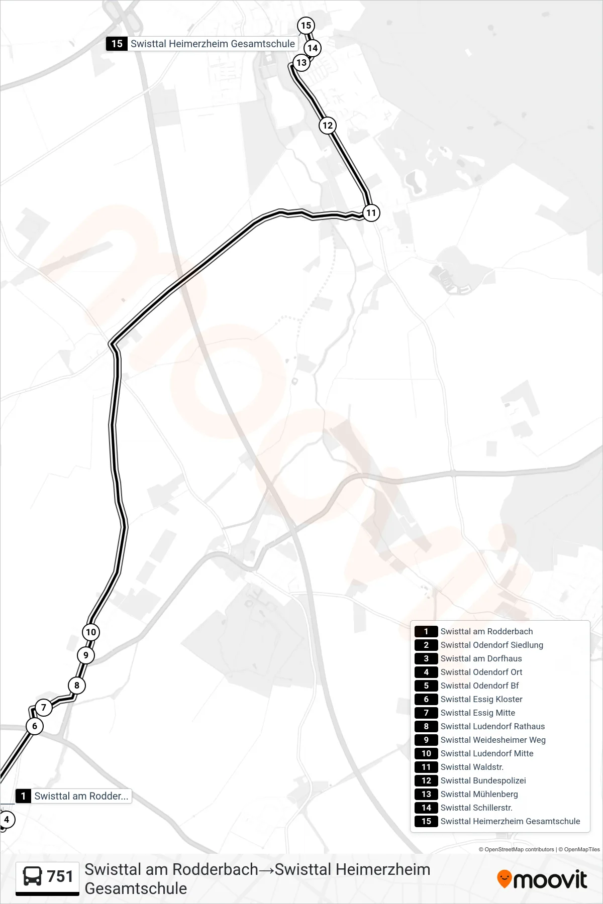 Linie 751 (Bus) Richtung Swisttal am Rodderbach→Swisttal Heimerzheim Gesamtschule: Route und Haltestellen auf der Karte