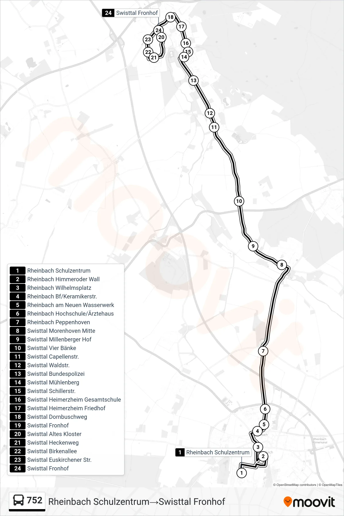 Linie 752 (Bus) Richtung Rheinbach Schulzentrum→Swisttal Fronhof: Route und Haltestellen auf der Karte