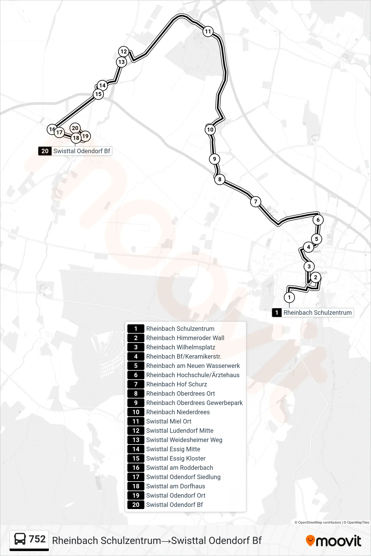 Linie 752 (Bus) Richtung Rheinbach Schulzentrum‎→Swisttal Odendorf Bf: Route und Haltestellen auf der Karte