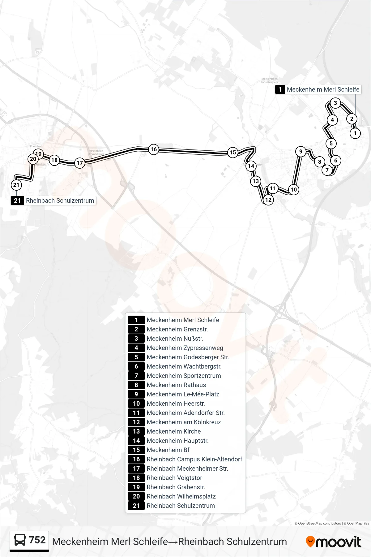 Linie 752 (Bus) Richtung Meckenheim Merl Schleife→Rheinbach Schulzentrum: Route und Haltestellen auf der Karte