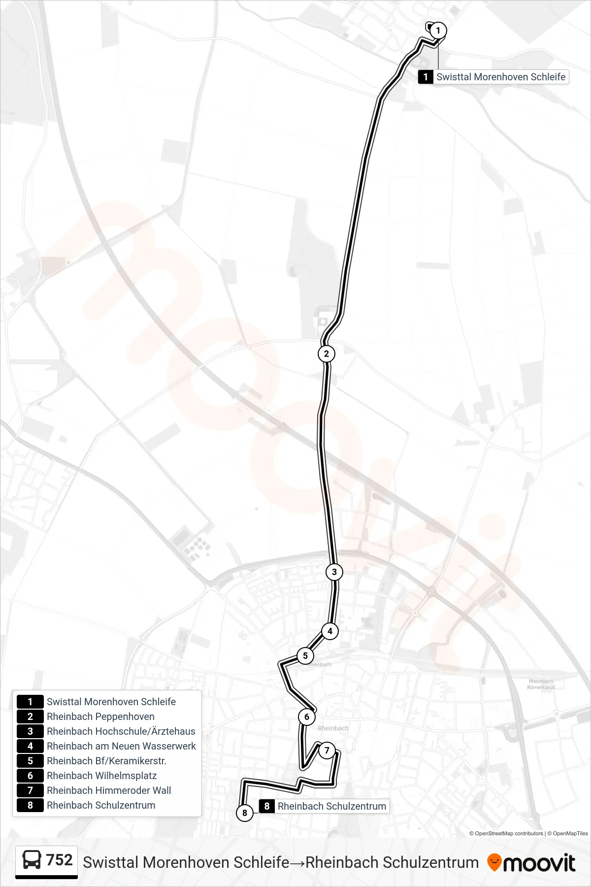 752 bus Line (Swisttal Morenhoven Schleife→Rheinbach Schulzentrum) route and stops on a map