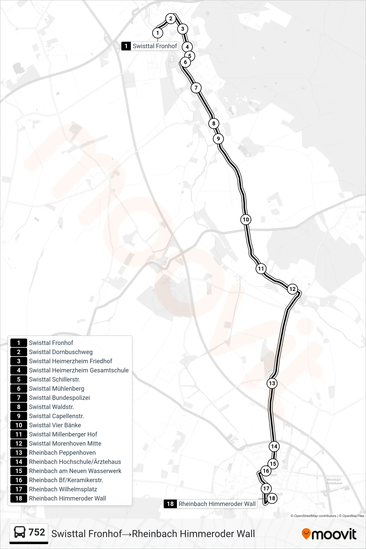 Linie 752 (Bus) Richtung Swisttal Fronhof→Rheinbach Himmeroder Wall: Route und Haltestellen auf der Karte