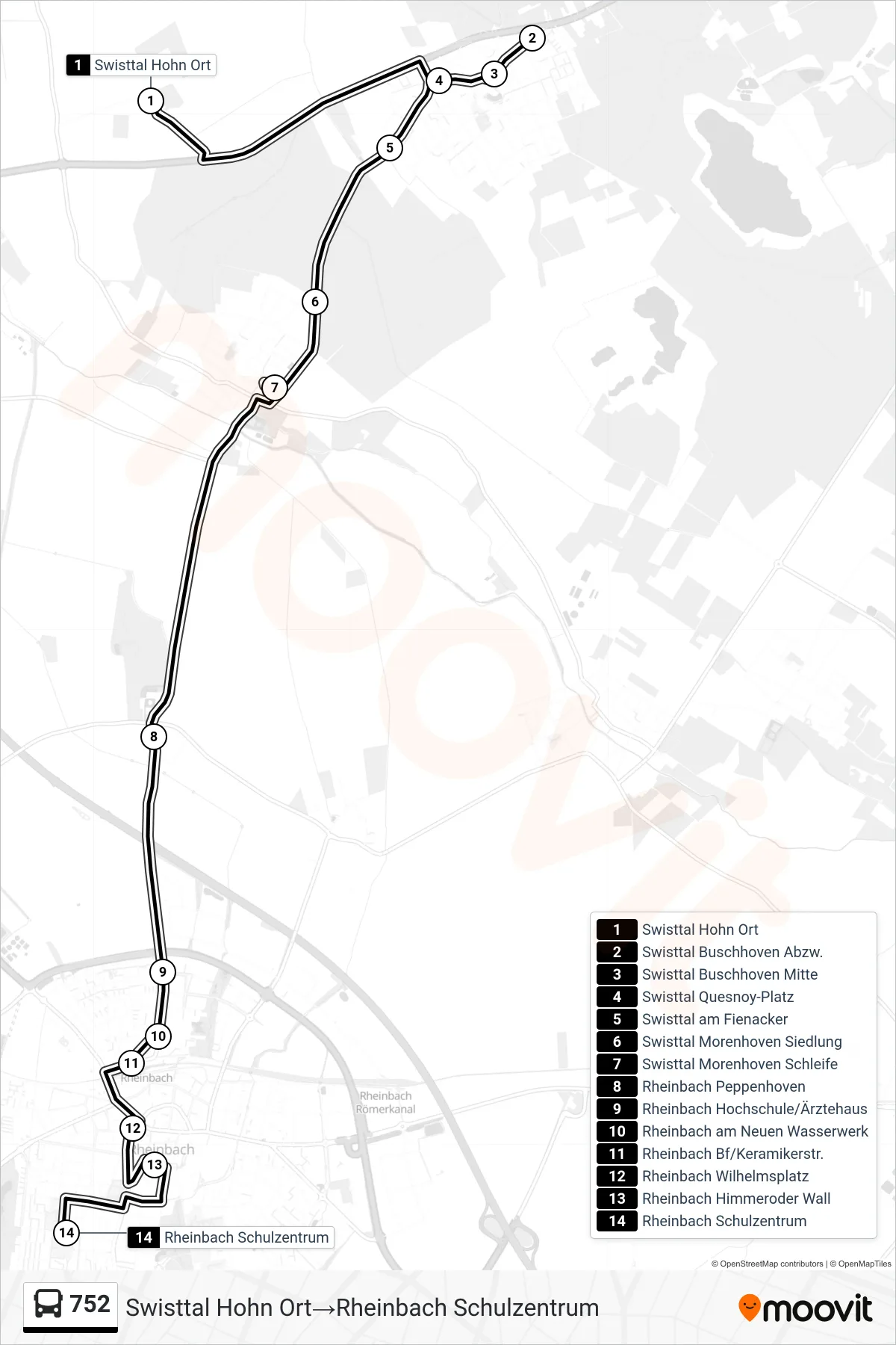 Linie 752 (Bus) Richtung Swisttal Hohn Ort→Rheinbach Schulzentrum: Route und Haltestellen auf der Karte