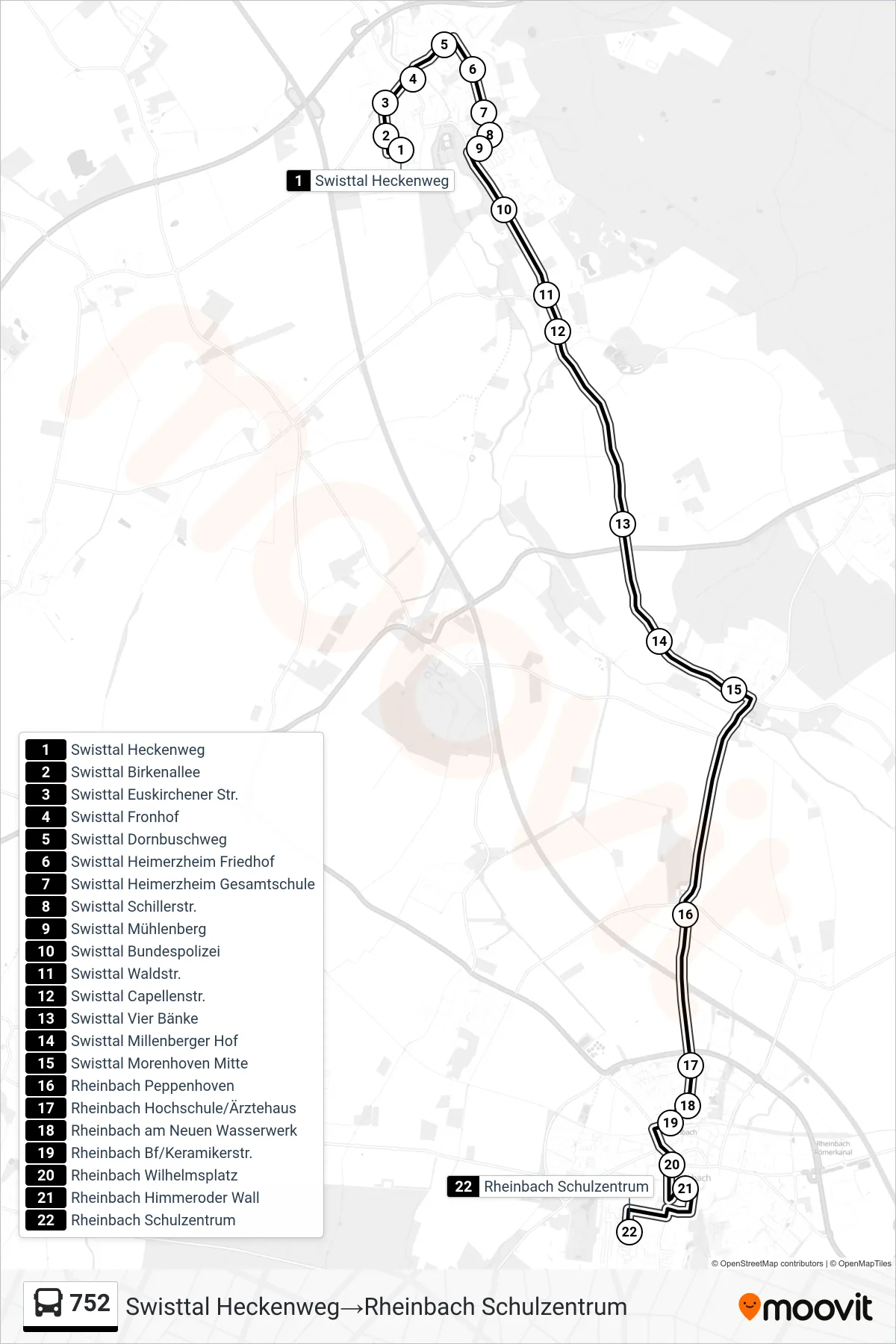 Linie 752 (Bus) Richtung Swisttal Heckenweg‎→Rheinbach Schulzentrum: Route und Haltestellen auf der Karte