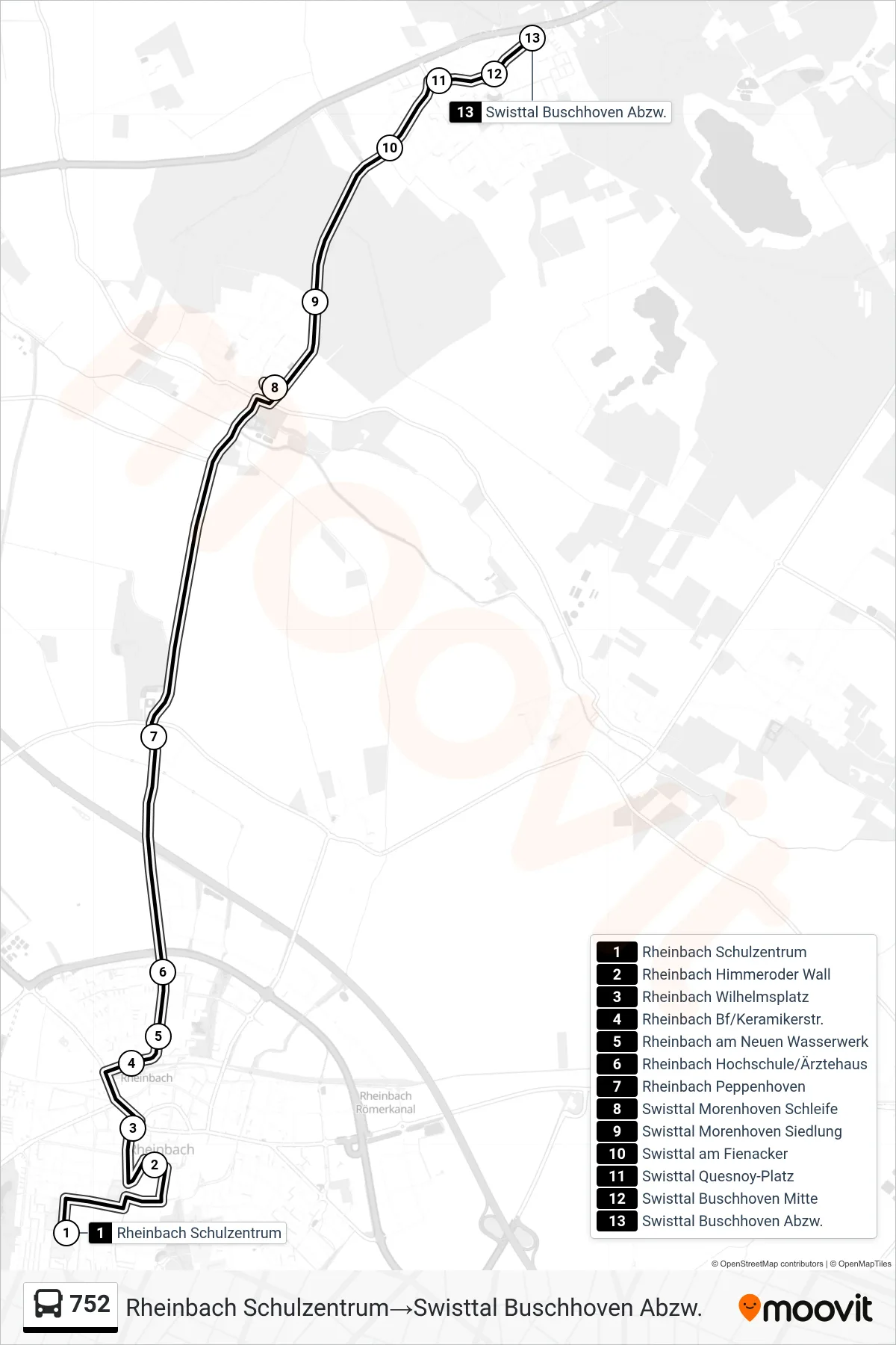 Linie 752 (Bus) Richtung Rheinbach Schulzentrum‎→Swisttal Buschhoven Abzw.: Route und Haltestellen auf der Karte