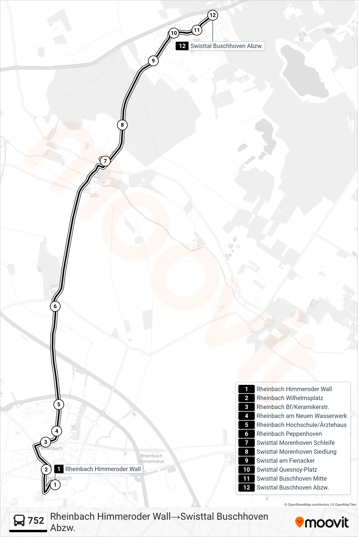 Linie 752 (Bus) Richtung Rheinbach Himmeroder Wall→Swisttal Buschhoven Abzw.: Route und Haltestellen auf der Karte