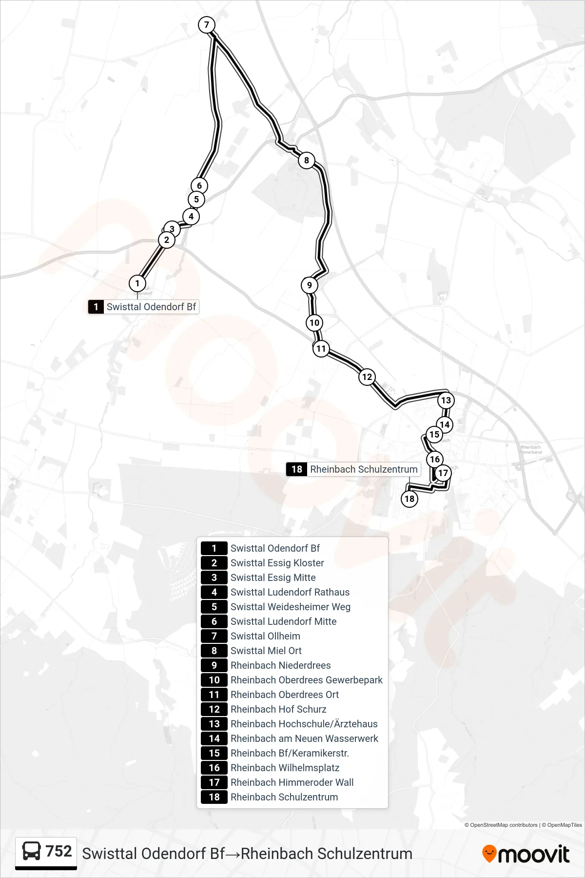 Linie 752 (Bus) Richtung Swisttal Odendorf Bf→Rheinbach Schulzentrum: Route und Haltestellen auf der Karte