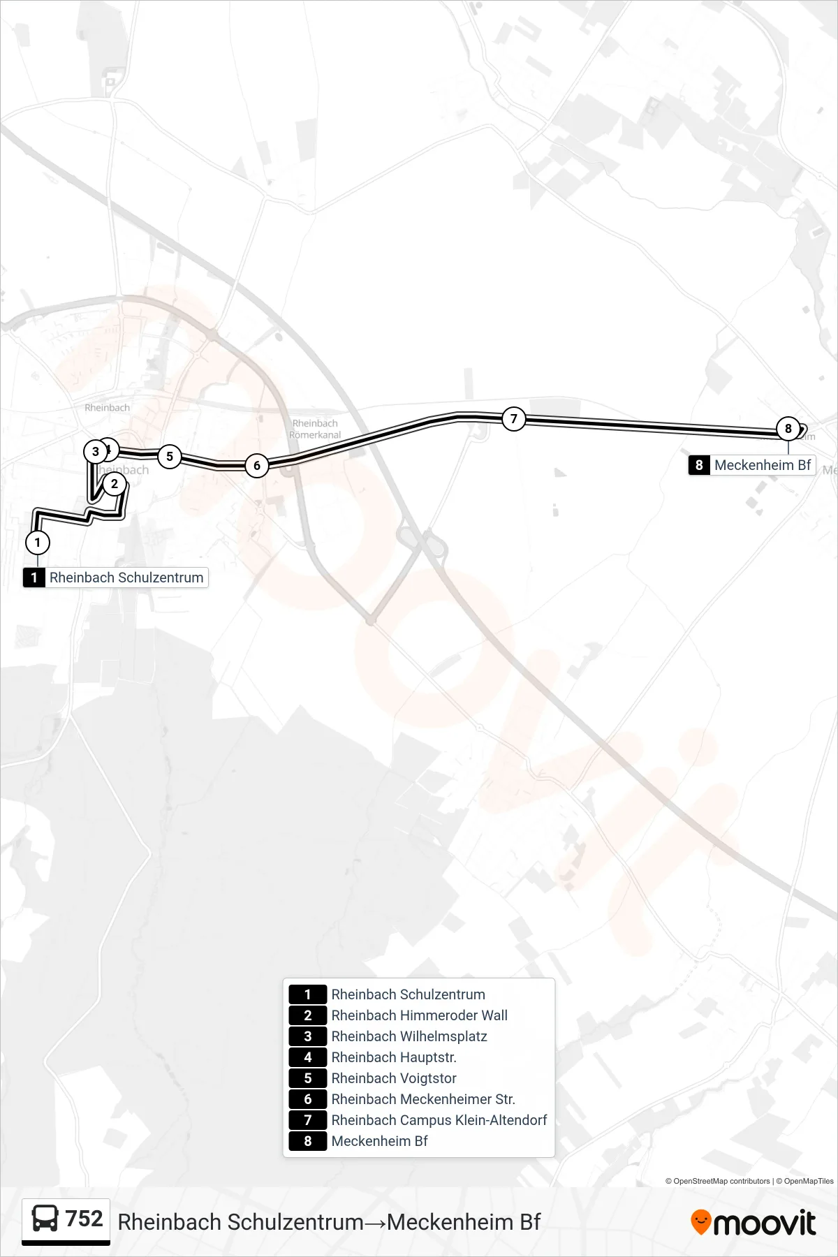 Linie 752 (Bus) Richtung Rheinbach Schulzentrum→Meckenheim Bf: Route und Haltestellen auf der Karte